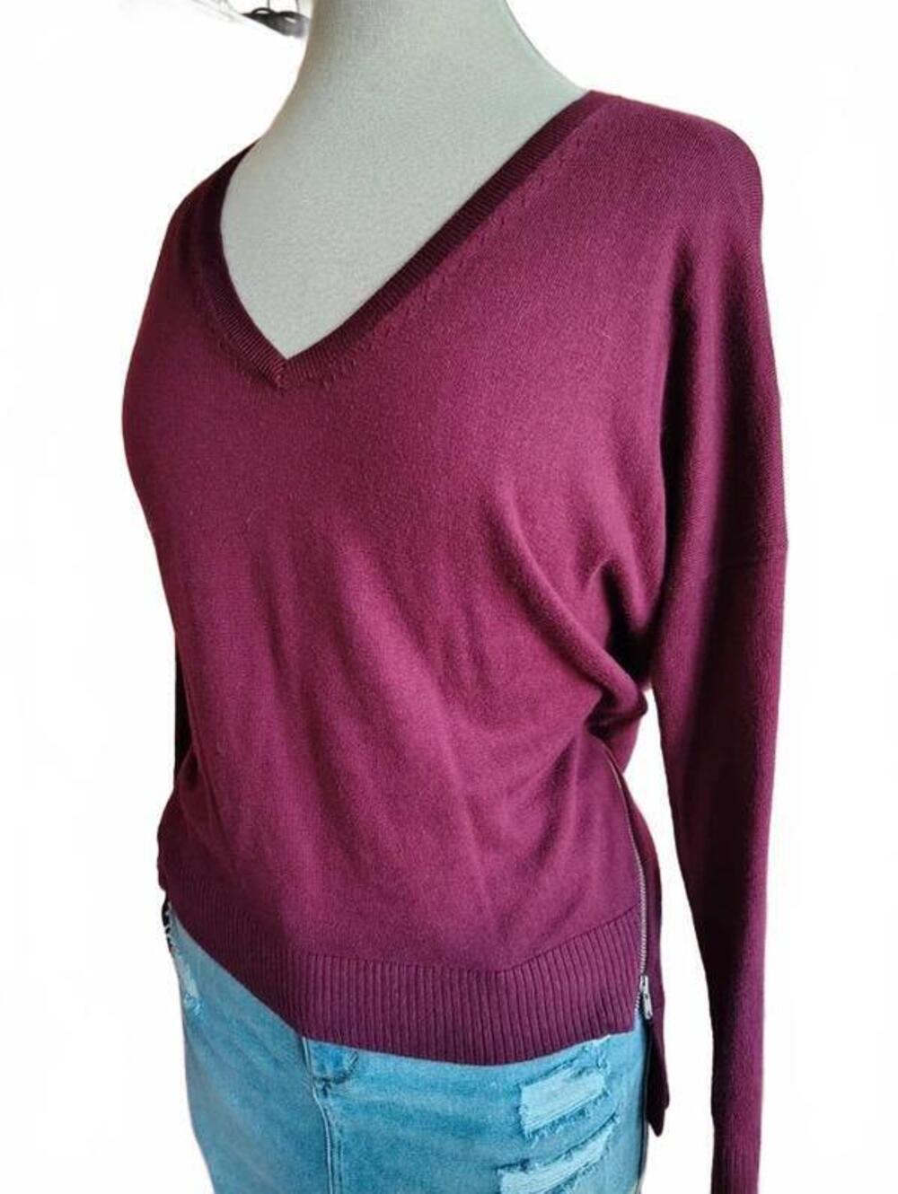 Express V Neck Sweater Plum Side Zip Hi Low Long Sleeve XS